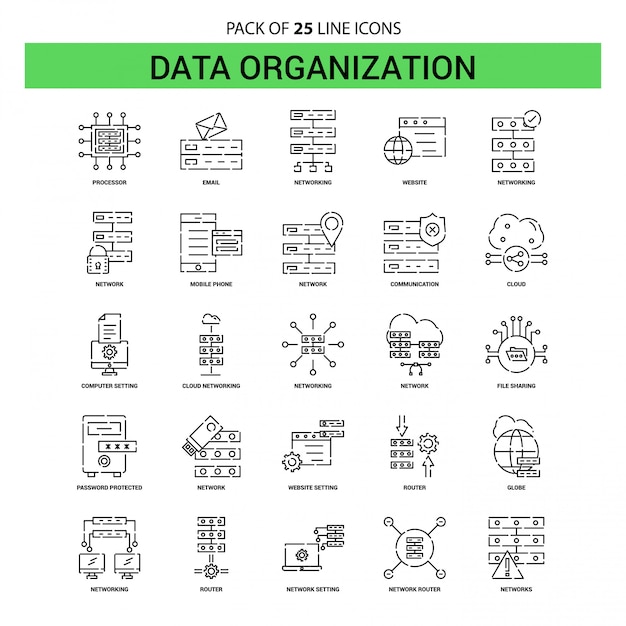 Data organization line icon set - 25 dashed outline style