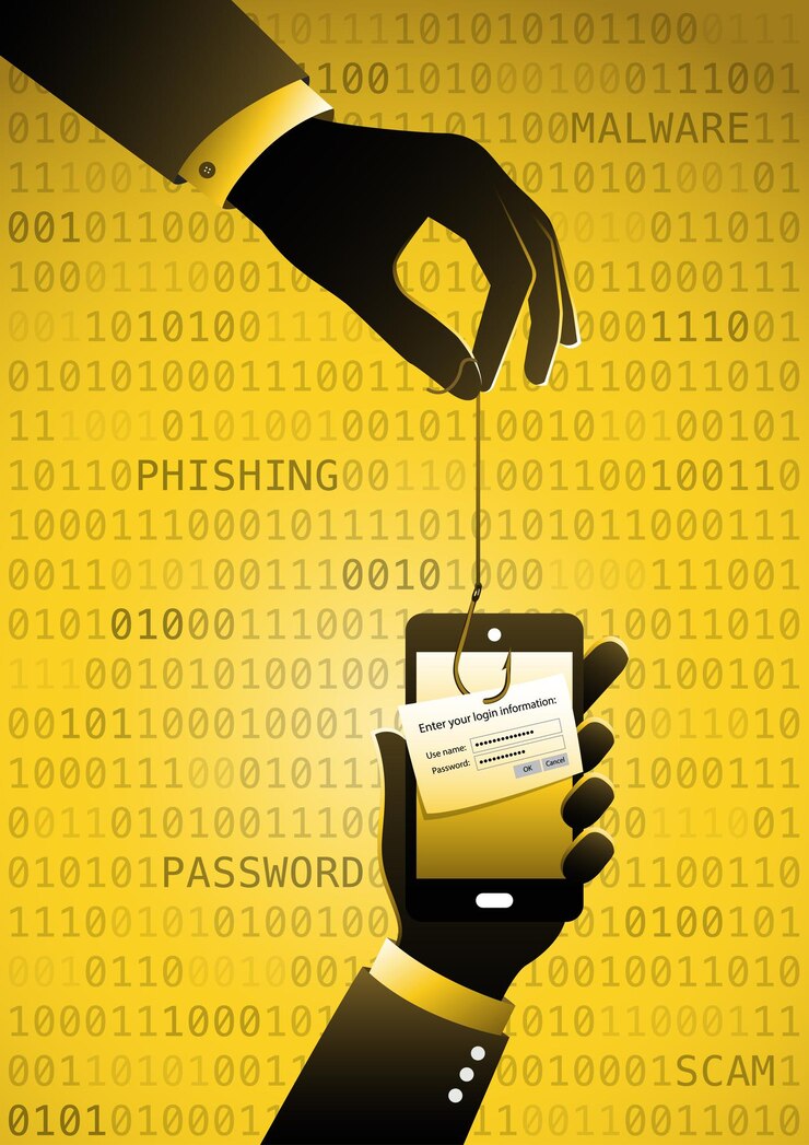 Vector data phishing, credit or debit card on fishing hook, mobile phone, internet security