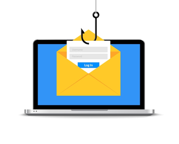 Data phishing hacken online. Scam envelop concept. Computergegevens visserij hack misdaad.
