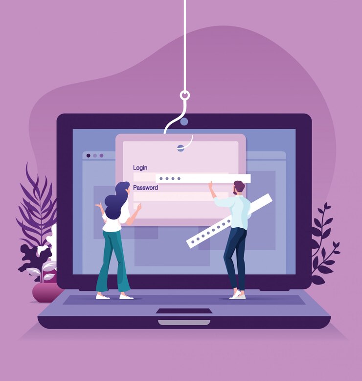 Vector data phishing, hacking online scam on computer laptop concept