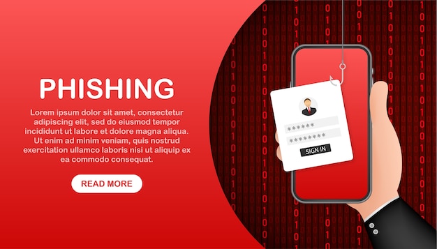 Vector data phishing with fishing hook, mobile phone, internet security