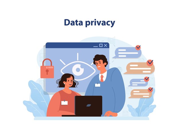 Data privacy concept a diligent woman at her laptop and an assisting man emphasize digital security