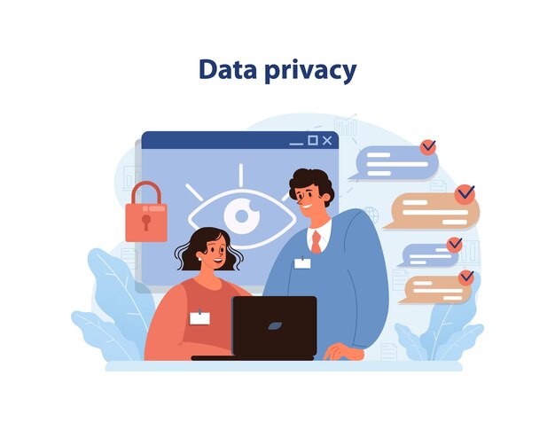 Vector data privacy concept a diligent woman at her laptop and an assisting man emphasize digital security