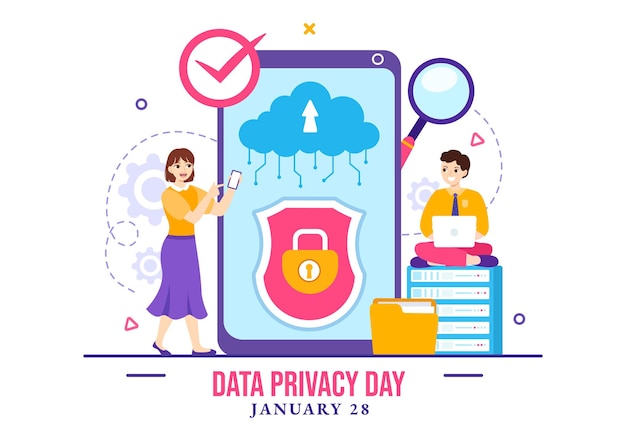 Illustrazione vettoriale del data privacy day il 28 gennaio con blocco sullo schermo per le informazioni sullo scudo