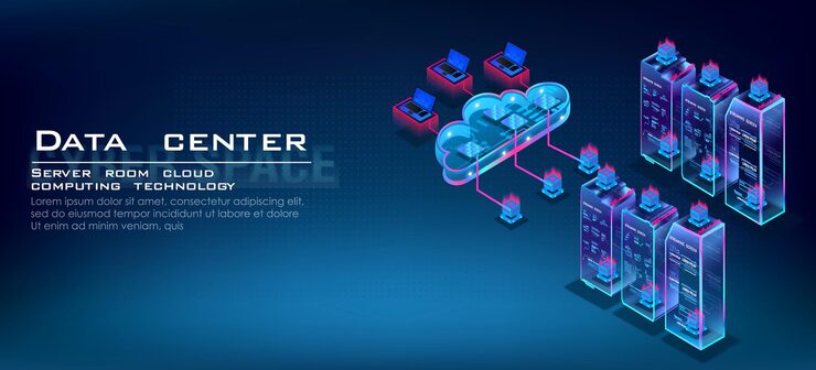 Vector data processing and cloud computing isometric concept server room for storing and processing information through web hosting server operation process data center and cloud computing