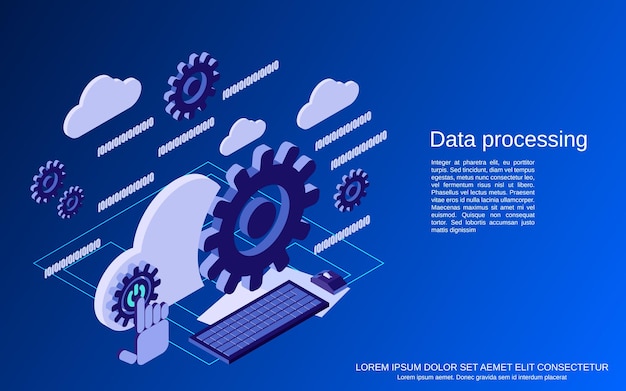 Illustrazione di concetto di vettore isometrico 3d piatto di elaborazione dati