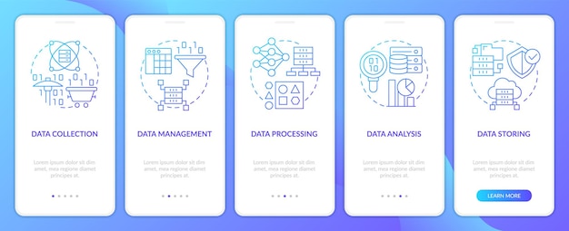 Data processing stages blue gradient onboarding mobile app screen