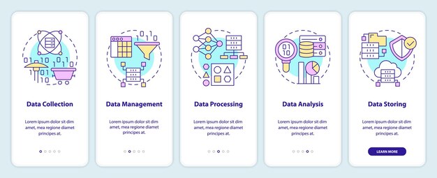 Fasi di elaborazione dei dati sullo schermo dell'app mobile onboarding