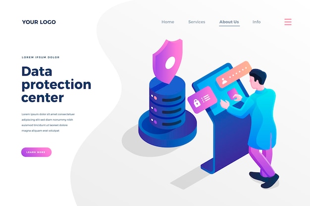 Data protection center isometric landing page template guarding information in database