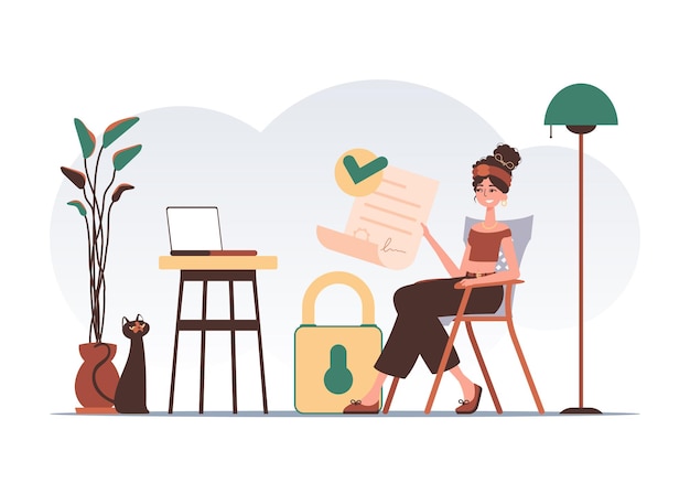 Vector data protection concept smart contract the girl sits in a chair and holds a document in her hands modern style character