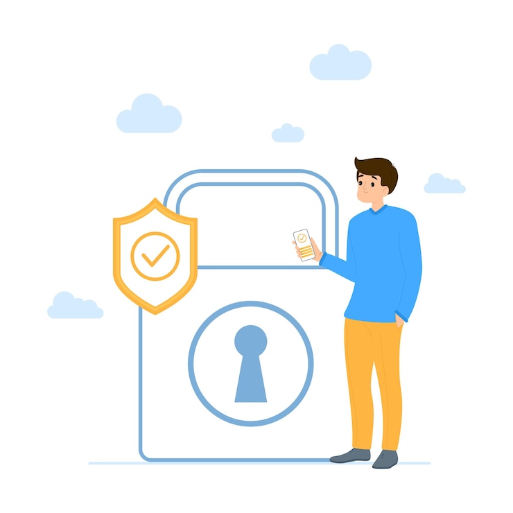 Vector data protection day security system concept a man with a phone against the background of a padlock