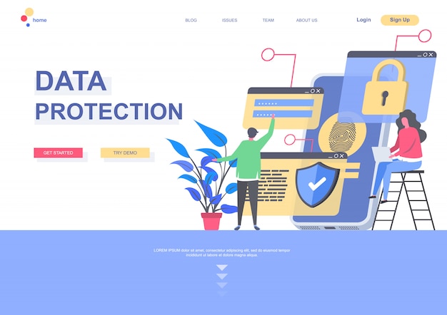 Data protection flat landing page template. data security system, personal information confidentiality situation. web page with people characters. safety networking connection illustration.