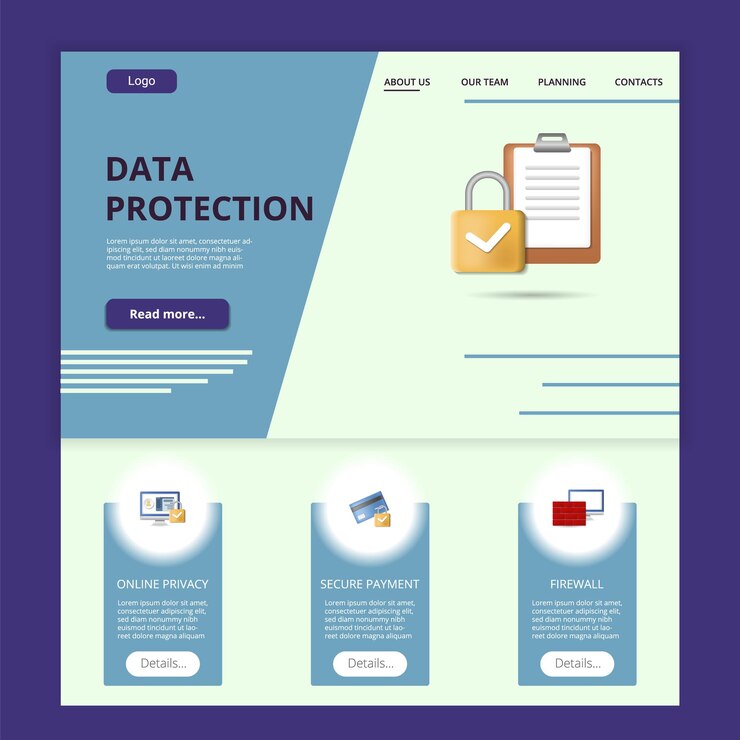 Vector data protection flat landing page website template online
