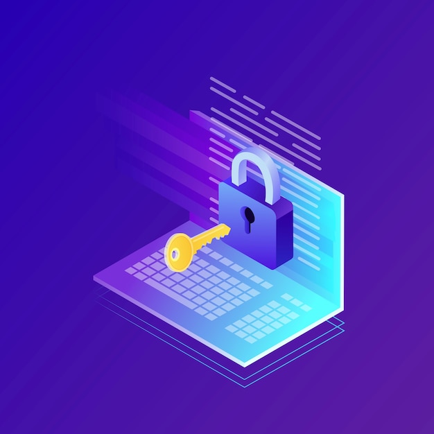 Vector data protection. internet security, privacy access with password. isometric computer, key, lock