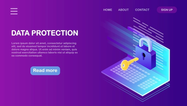 Data protection. Internet security, privacy access with password. Isometric computer, key, lock