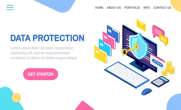 Data protection. internet security, privacy access with password.  isometric computer pc with key, lock, shield, folder, message bubble.