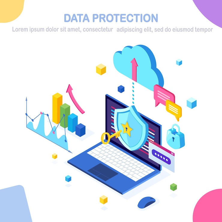 Vector data protection. internet security, privacy access with password.  isometric computer pc with key, lock, shield, graph, chart.   