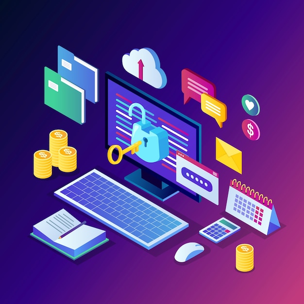 Vector data protection. internet security, privacy access with password.  isometric computer pc with key, open lock, folder, cloud, documents, laptop, money.