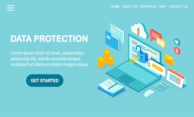 Data protection. Internet security, privacy access with password.  isometric computer pc with key, open lock, folder, cloud, documents, laptop, money.   