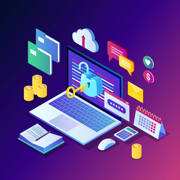 Data protection. internet security, privacy access with password.  isometric computer pc with key, open lock, folder, cloud, documents, laptop, money.