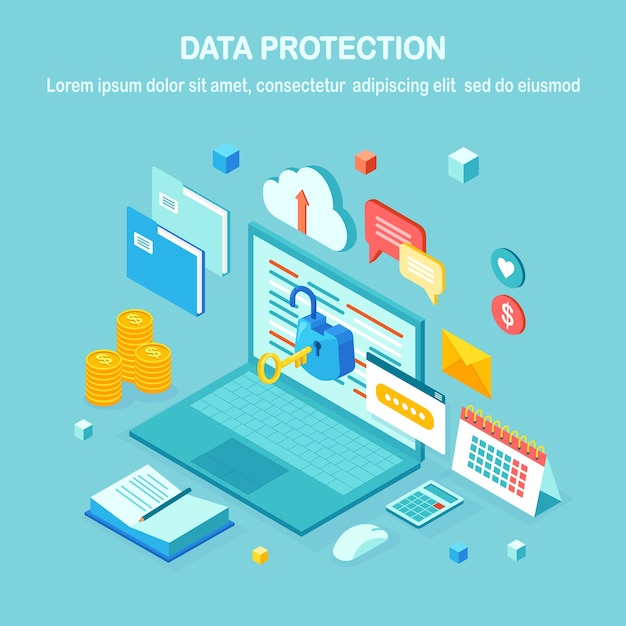 데이터 보호. 인터넷 보안, 비밀번호를 통한 개인 정보 액세스. 키, 열린 자물쇠, 폴더, 클라우드, 문서, 노트북, 돈으로 아이소 메트릭 컴퓨터 Pc.