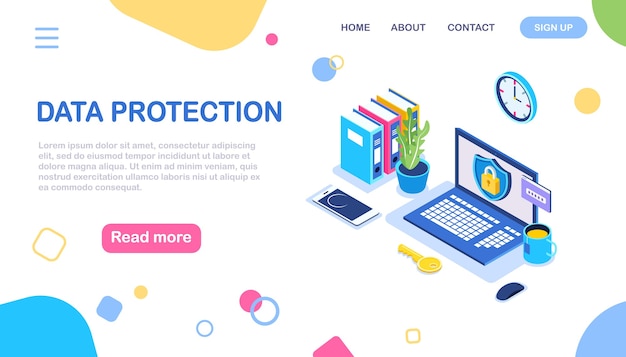 ベクトル データ保護。インターネットセキュリティ、パスワードによるプライバシーアクセス。アイソメトリックコンピューター、シールド、ロック