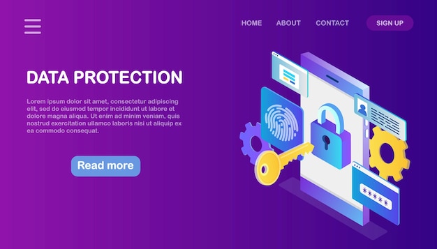 Protezione dati. sicurezza internet, accesso alla privacy con password. telefono isometrico con chiave, serratura