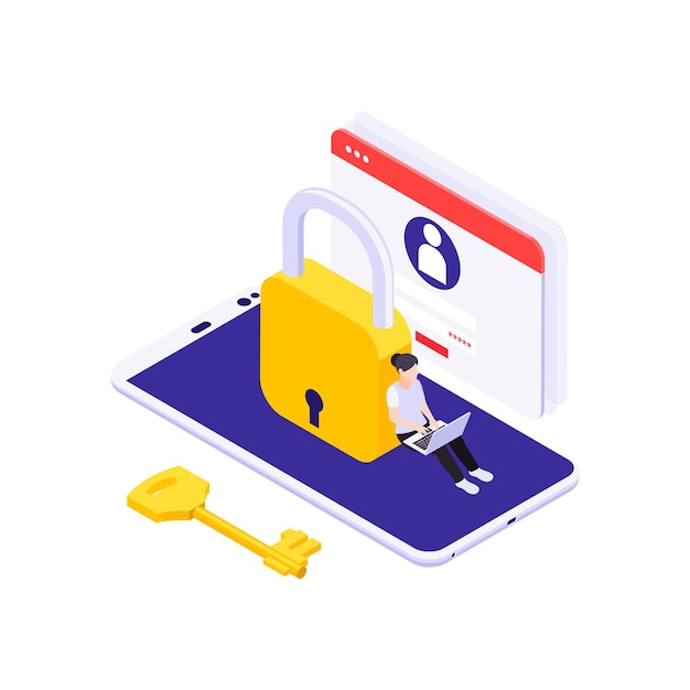 Data protection isometric illustration with 3d lock smartphone and woman working on computer