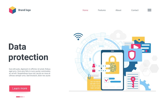 잠금 화면 인터넷 보안 서비스가있는 데이터 보호 랜딩 페이지 스마트 폰