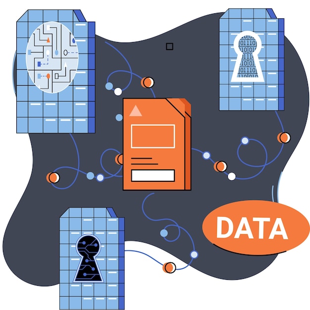 벡터 데이터 보호 은유 개인 정보 보안 데이터 관리 보안 및 데이터 해커 공격 보호 보호된 액세스 제어 바이러스 백신 소프트웨어 안전한 인터넷 통신 보안 스토리지