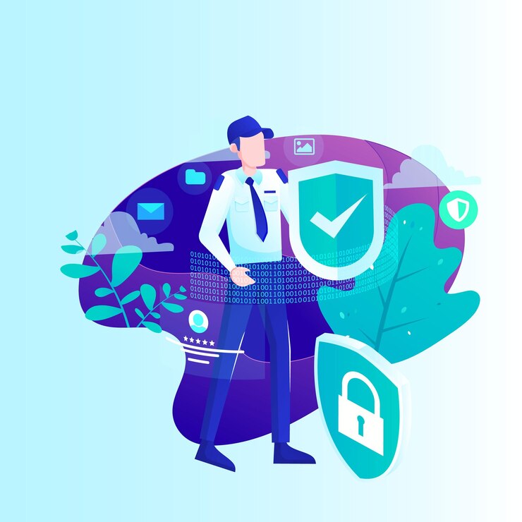 Vector data protection network security concept man in tie standing holding shield