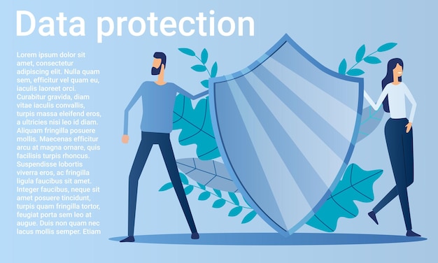 Data protection.people and shield,safe computer use.secure internet.poster in business style