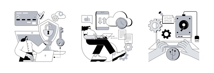 Vector data protection and recovery abstract concept vector illustrations