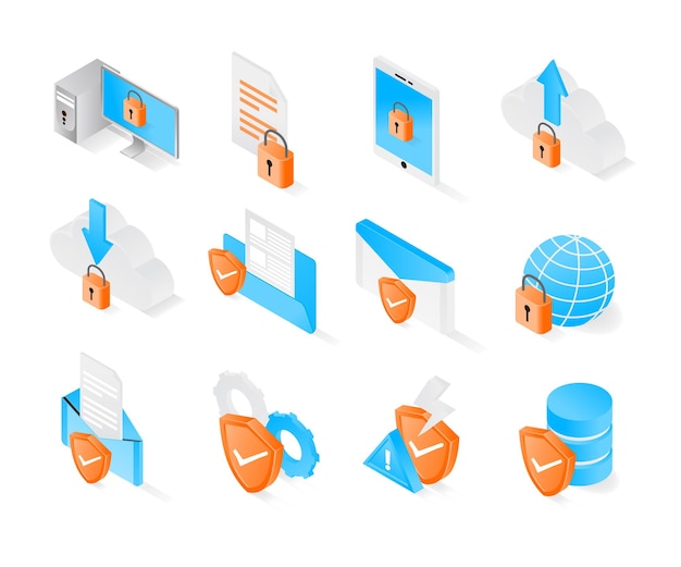 Data protection security icon with isometric style set premium modern vector