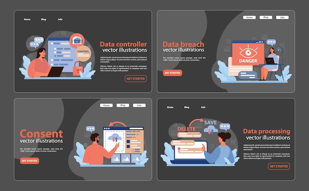 Data protection set safeguarding digital information woman interacting with controller panel alert