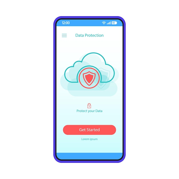 データ保護スマートフォンインターフェースベクトルテンプレート。モバイルアプリページの青いデザインレイアウト。サイバーセキュリティ。データの保護。クラウドストレージサービス画面。インターネットセキュリティ。フラットUI。電話ディスプレイ