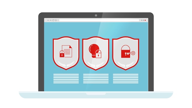 데이터 보호. 노트북 화면에 웹 보안 방패. 컴퓨터-인터넷 안전 아이콘.