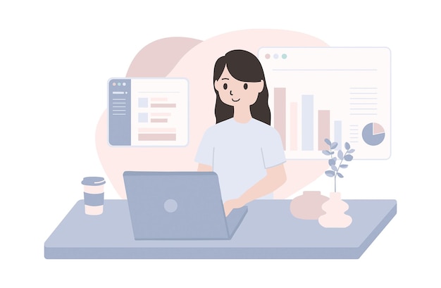 Vector data research concept vector flat illustration character person using laptop with research graph