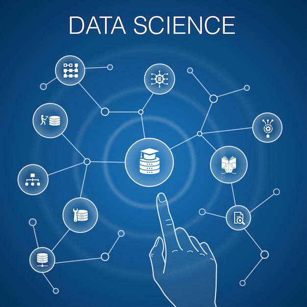 Data Science concept blue backgroundmachine learning Big Data Database Classification simple icons