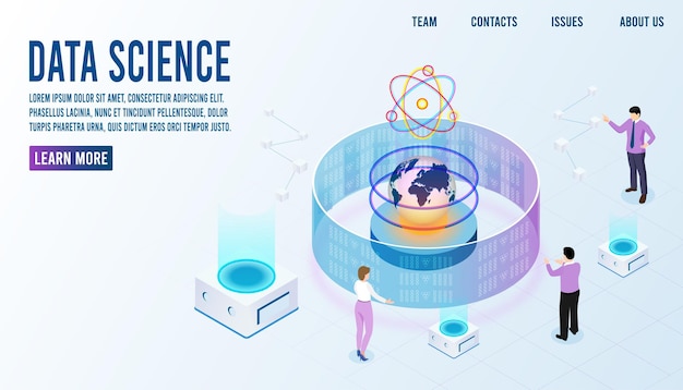 Data science concept with character. complex data threads graphic visualization. social network representation. information stream. science, technology background. vector illustration.