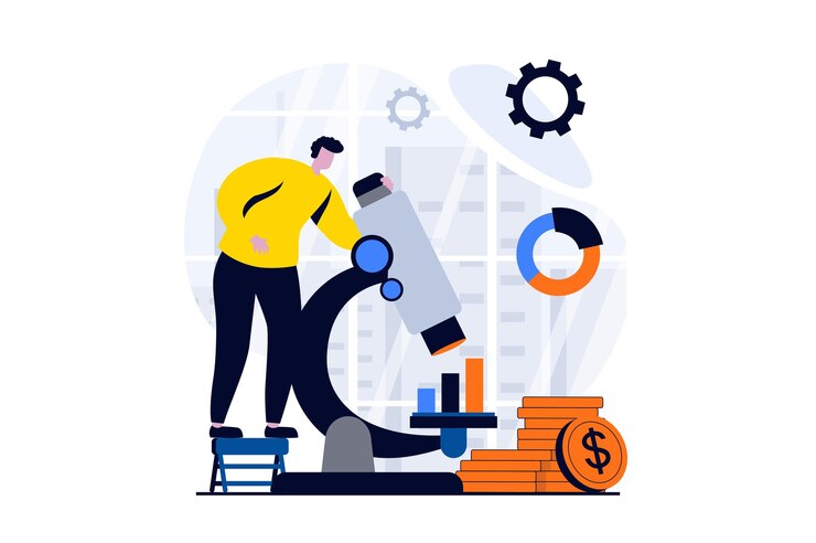 Vector data science concept with people scene in flat cartoon design scientist looking through microscope studying data and working with statistics in laboratory vector illustration visual story for web