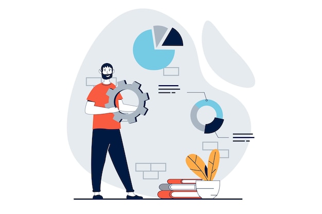 Data science concept with people scene in flat design for web Man working with diagrams making data visualization for optimization Vector illustration for social media banner marketing material