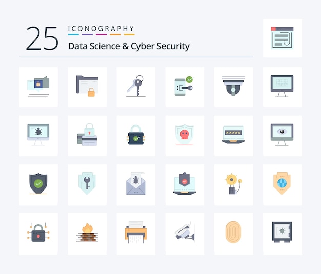 data science and cyber security 25 flat color icon pack including phone mobile secure lock room