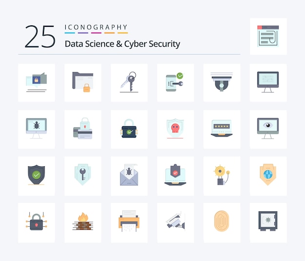 Scienza dei dati e sicurezza informatica 25 pacchetto di icone a colori piatte che include una stanza di blocco sicura del telefono