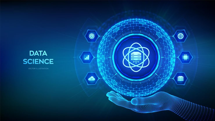 Vector 数据科学 深度学习 人工智能分析 大数据 机器学习 三维球体地球与六角形的表面 计算机科学图标在线框架手中 矢量插图