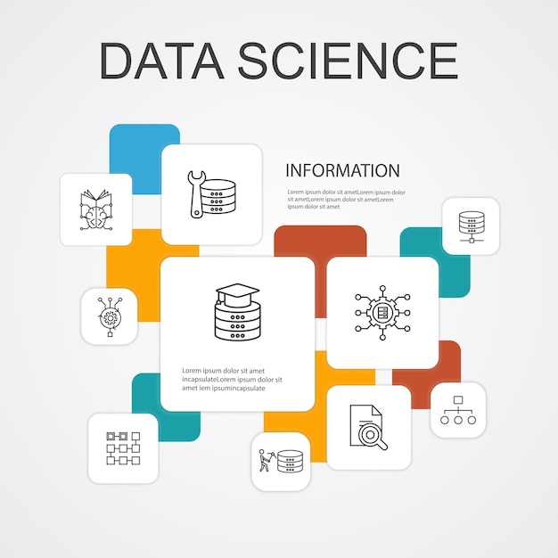 Data science infographic 10 line icons template.machine learning, big data, database, classification simple icons