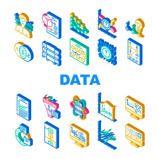 Vettore data science innovate technology icons set analisi vettoriale e ricerca data science software algoritmo e programmazione quantum computer e server segno isometrico illustrazioni a colori