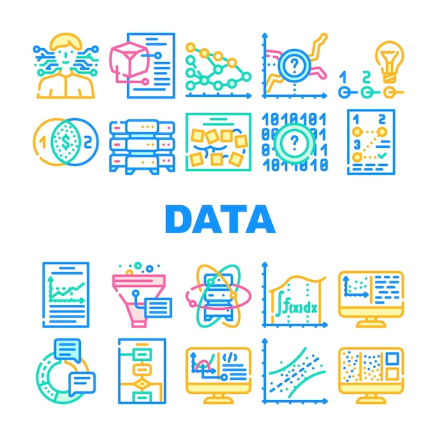 Vector data science innovate technology icons set vectoranalyse en onderzoek data science software algoritme en en programmering kwantumcomputer en server lijnkleurenillustraties