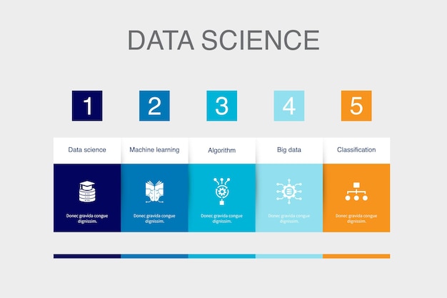 Data science machine learning algoritme Big Data classificatie iconen Infographic ontwerpsjabloon Creatief concept met 5 stappen