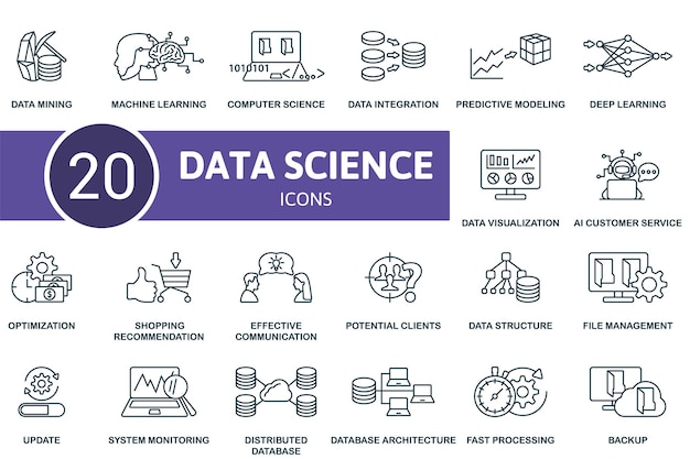 Data science set creatieve iconen data minig machine learning